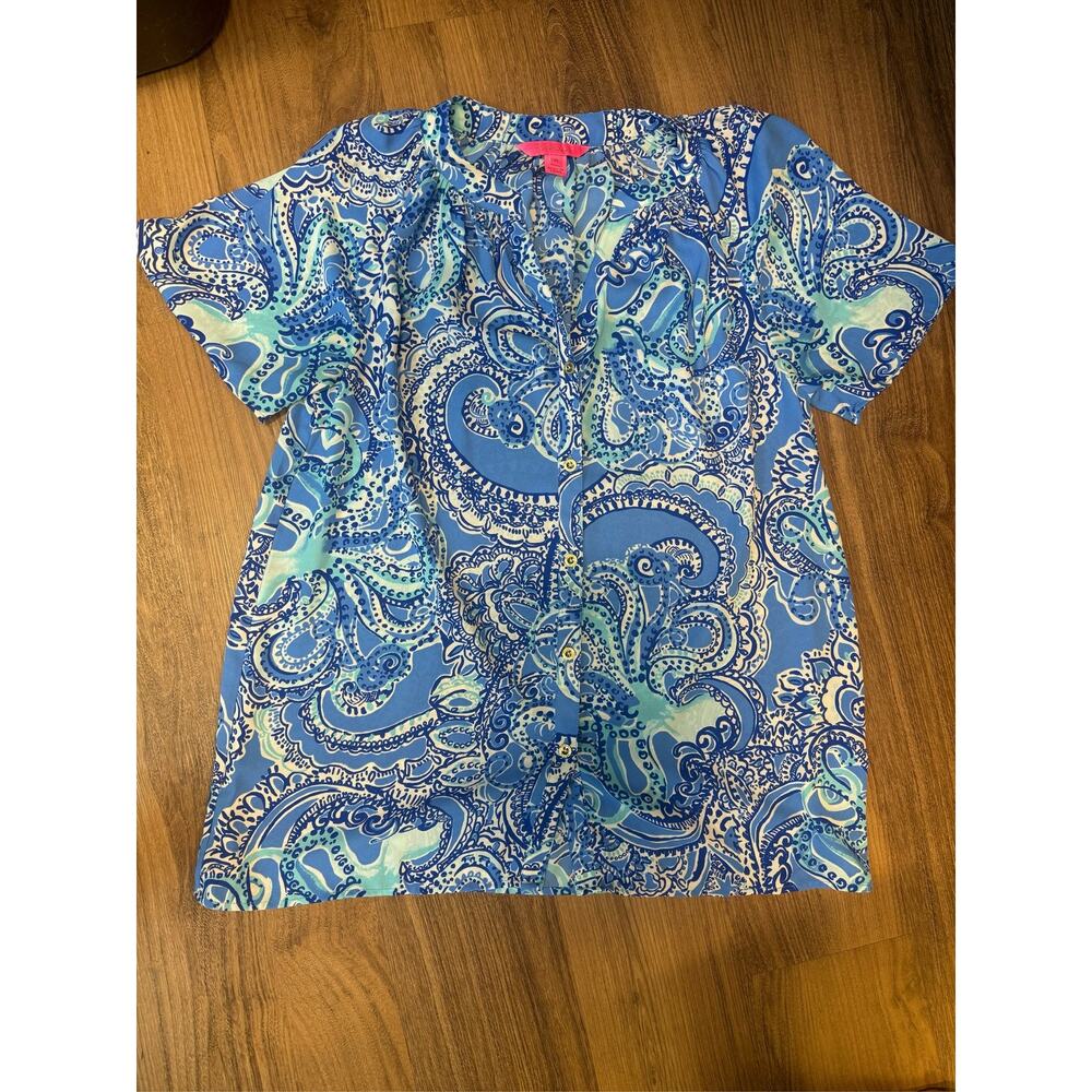 Lilly Pulitzer Willa Tunic Top Button Down Blouse Coastal Blue White Paisley Med